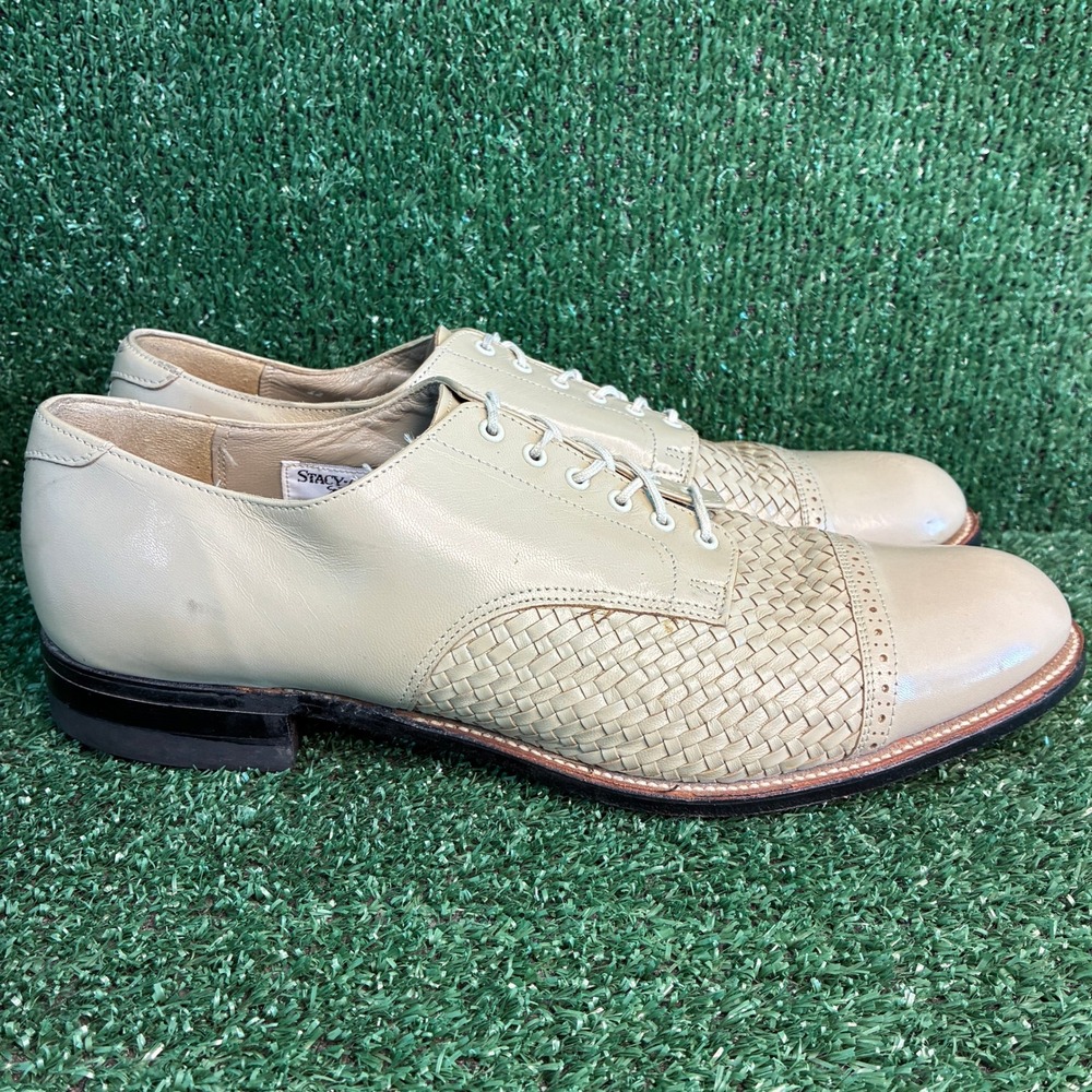 Stacy Adams Woven Cap Toe Leather Classic Oxfords Dress Shoes Beige Mens Sz 12 D